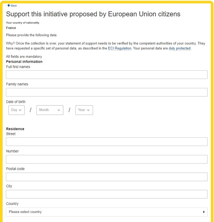  Data that citizens need to submit in order to sign