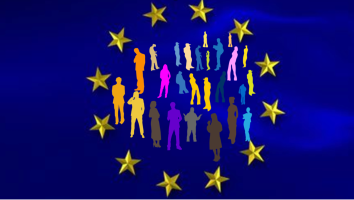 EU flag with different people in the center 