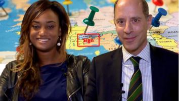 Headshots of ECI organisers Afryea Uiterloo and Rogier Vergouwen against the background of their campaign website with a button “sign” on it