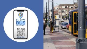 Logo of Initiative on an iphone stating "EU Live Bus Stop Info, Scan QR" next to an image of people waiting on the sidewalk for a bus 