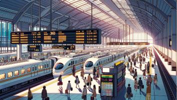 A bustling train station with sleek bullet trains on both sides, electronic signage displaying schedules, and numerous passengers walking or waiting on the platform under an arched, sunlit roof.