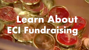 A pile of red and gold coins with the text 'Learn About ECI Fundraising' overlaid.