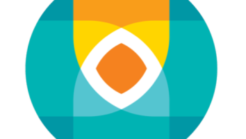 Teal circle with dark orange center, white outline, yellow triangles, and orange square