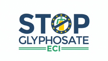 Logo of the ECI Initiative "Stop Glyphosate". The word “STOP” appears in large blue letters, with the “O” replaced by a circle of European Union stars surrounding a stylized pesticide sprayer crossed out by a diagonal line. Below, “GLYPHOSATE” is written in blue, and “ECI” appears in green with two horizontal green lines on either side.