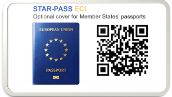 Photograph showing a European Union passport cover alongside a QR code, illustrating the STAR-PASS ECI as an optional cover for Member States' passports. The passport is blue with gold text and stars arranged in a circle, emphasizing EU identity and security features.