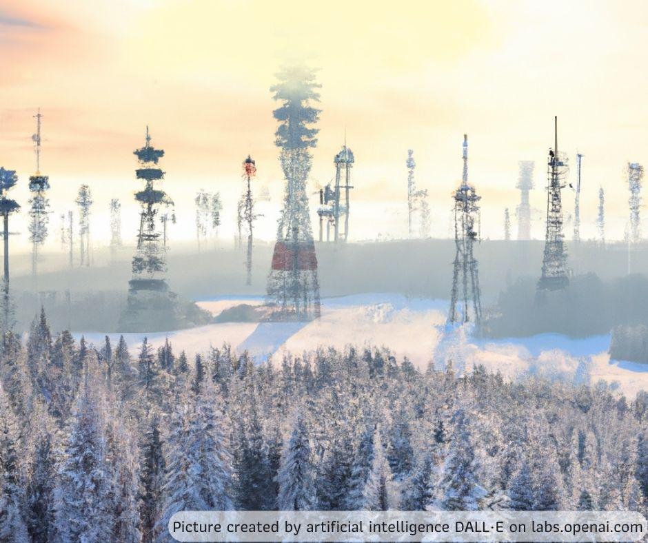 Winter country with 20 telecommunication masts among firs and spruces