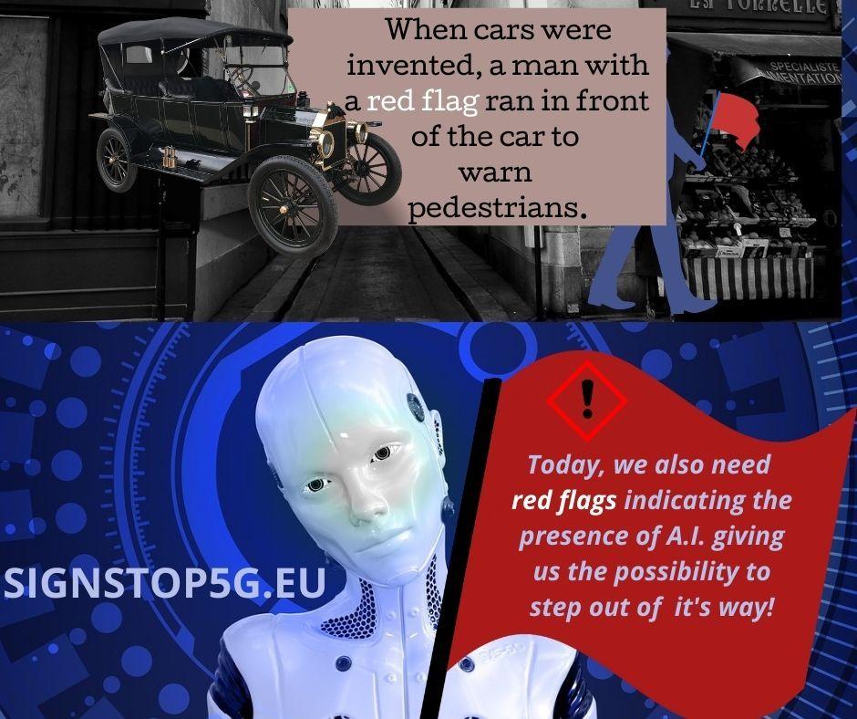 Image showing a man waving a red flag for pedestrians to warn them of cars and a robot holding a red flag to warn about Artificial Intelligence