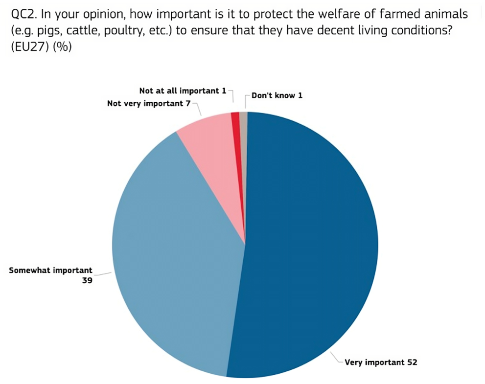 Pie chart of survey result to question "In your opinion, how important is it to protect the welfare of farmed animals (e.g., pigs, cattle, poultry, etc.) to ensure they have decent living conditions? 52% of Europeans think it is very important and 39% think it is somewhat important.