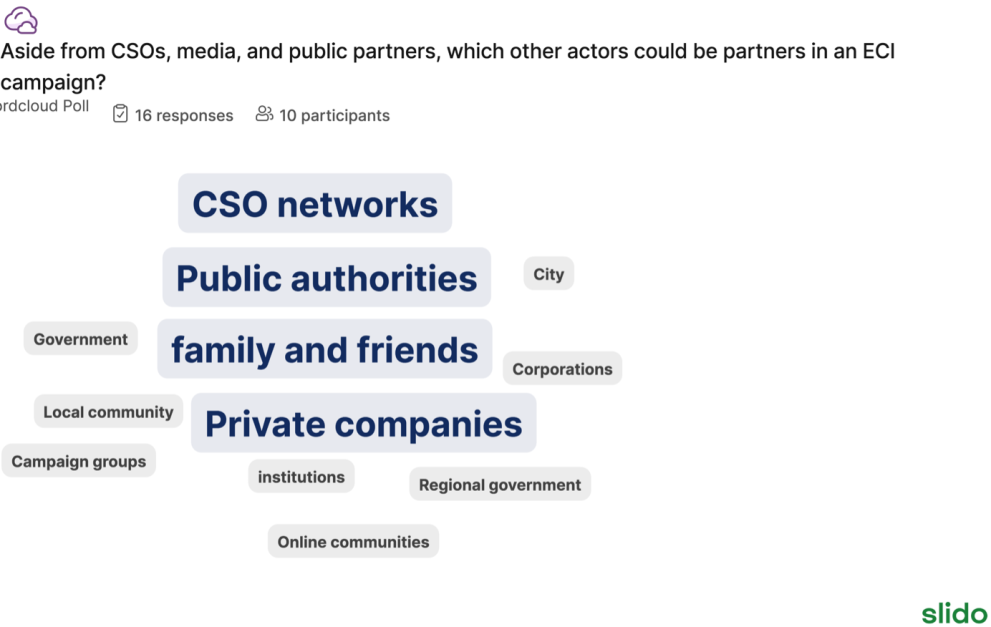 ECI Day 2024 - Slido Question - Aside from CSOs, media, and public partners, which other actors could be partners in an ECI campaign? 