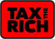 Red box stating in black letters "Tax the Rich" 