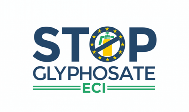 Logo with the text “STOP GLYPHOSATE ECI.” The word “STOP” appears in large blue letters, with the “O” replaced by a circle of European Union stars surrounding a stylized pesticide sprayer crossed out by a diagonal line. Below, “GLYPHOSATE” is written in blue, and “ECI” appears in green with two horizontal green lines on either side.