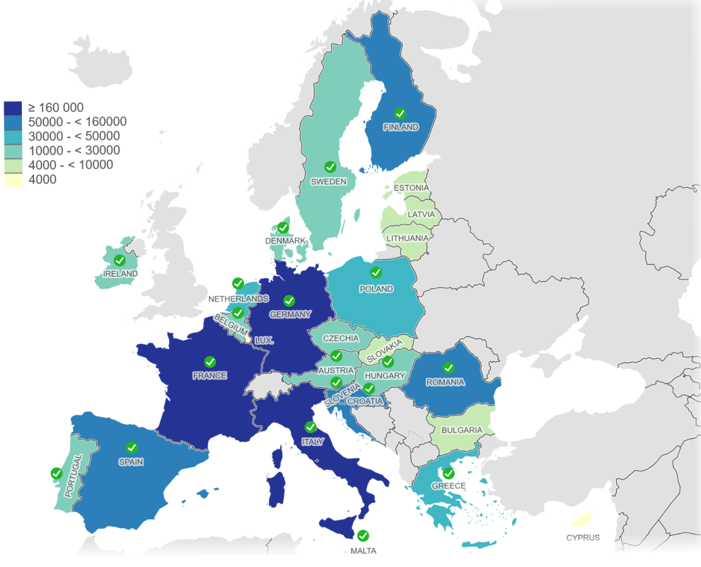 A color-coded map of Europe illustrating the number of signatures collected per country for the "My Voice My Choice" initiative, with specific countries marked by a green checkmark to indicate the ones that passed the minimum threshold of signature collection (19 countries in total)