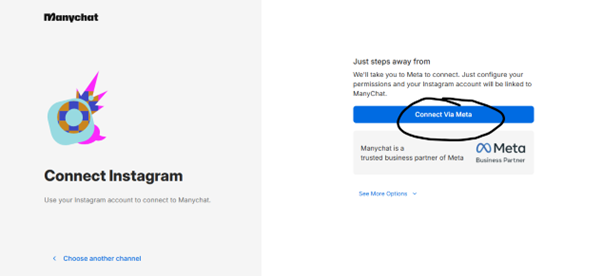 Screenshot of ManyChat interface prompting users to connect Instagram, with a blue “Connect via Meta” button highlighted on the right and a brief explanation about linking accounts. 