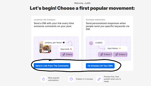 Screenshot of ManyChat onboarding screen titled “Let’s begin! Choose a first popular movement,” showing two options with illustrations and two highlighted buttons: “Send a Link From The Comments” and “He Answers All Your DMs.” 