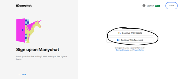 A clean, minimalist sign-up page for "Manychat," featuring a whimsical illustration of a unicorn on the left and login options on the right.