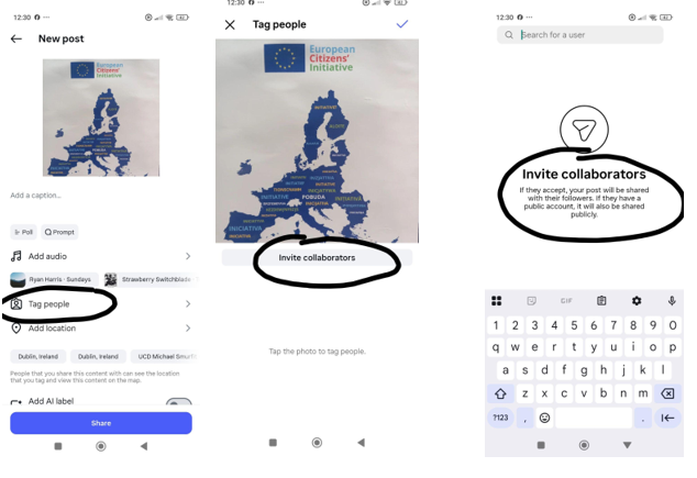 A three-panel infographic showing the mobile interface of Instagram, highlighting the steps to tag people and invite them as collaborators on a new post. 