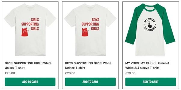 Screenshot of a product display showing three different t-shirt designs from the "My Voice My Choice" campaign, arranged in a row with pricing and "Add to Cart" buttons.