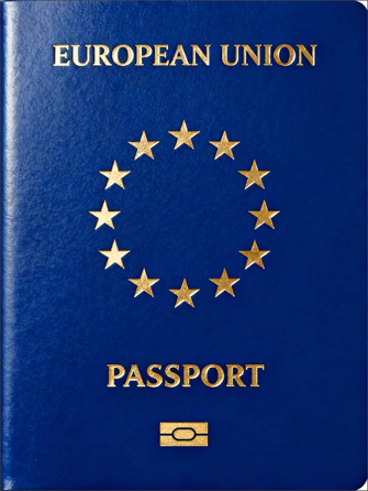 The organisers’ mock-up of a proposed European passport, featuring the EU stars on a blue cover
