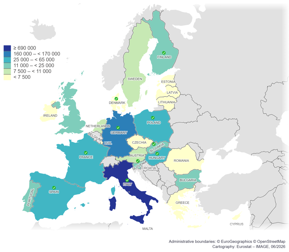 Map of the European Union shaded in different colours to represent ranges of signature collection. Ten countries are marked with a check mark, indicating that the required threshold of signatures was reached: Italy, France, Germany, Slovenia, Hungary, Slovakia, Poland, Finland, Denmark, Spain.