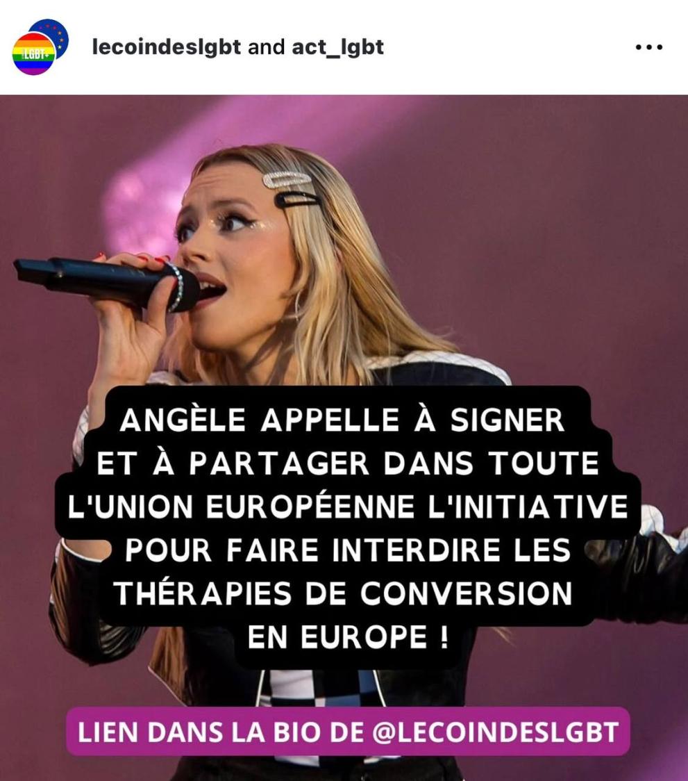 Screenshot of the instagram post of the page “le coin des lgbt” which states that the Belgian signer Angèle is supporting the initiative.