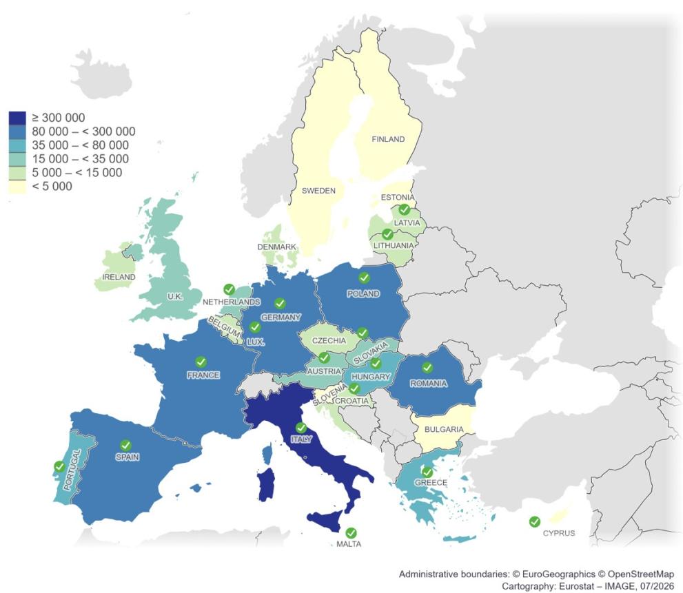 Map of the EU showing the countries where the threshold for the minimum number of signature was reached. The threshold was reached in: Portugal, Spain, France, Italy, Malta, Cyprus, Greece, Romania, Hungary, Croatia, Austria, Luxembourg, Germany, the Netherlands, Poland, Lithuania, Latvia, Slovakia.