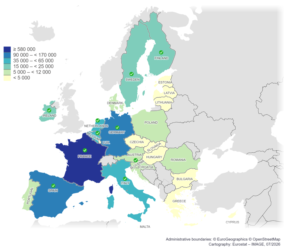 Map of the EU countries with the corresponding number of signatures gathered. The threshold had been reached in 10 member States: Spain, France, Italy, Belgium, the Netherlands, Germany, Ireland, Sweden, Finland and Slovenia.