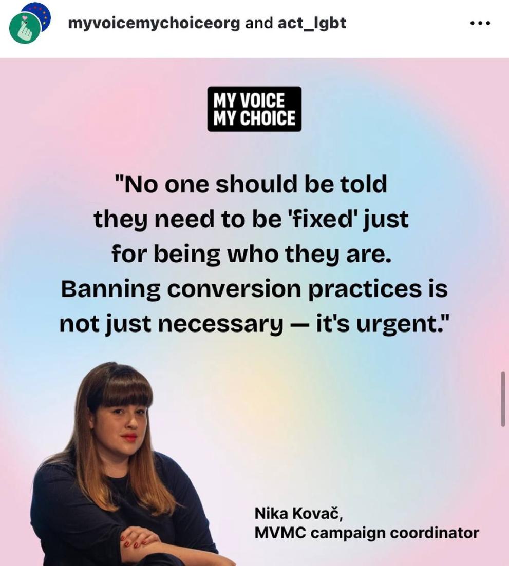 Screenshot of the Instagram post of the page “My voice my choice” featuring a statement of Nina Kovac, organiser of the initiative, in support of ‘Ban on conversion practices'
