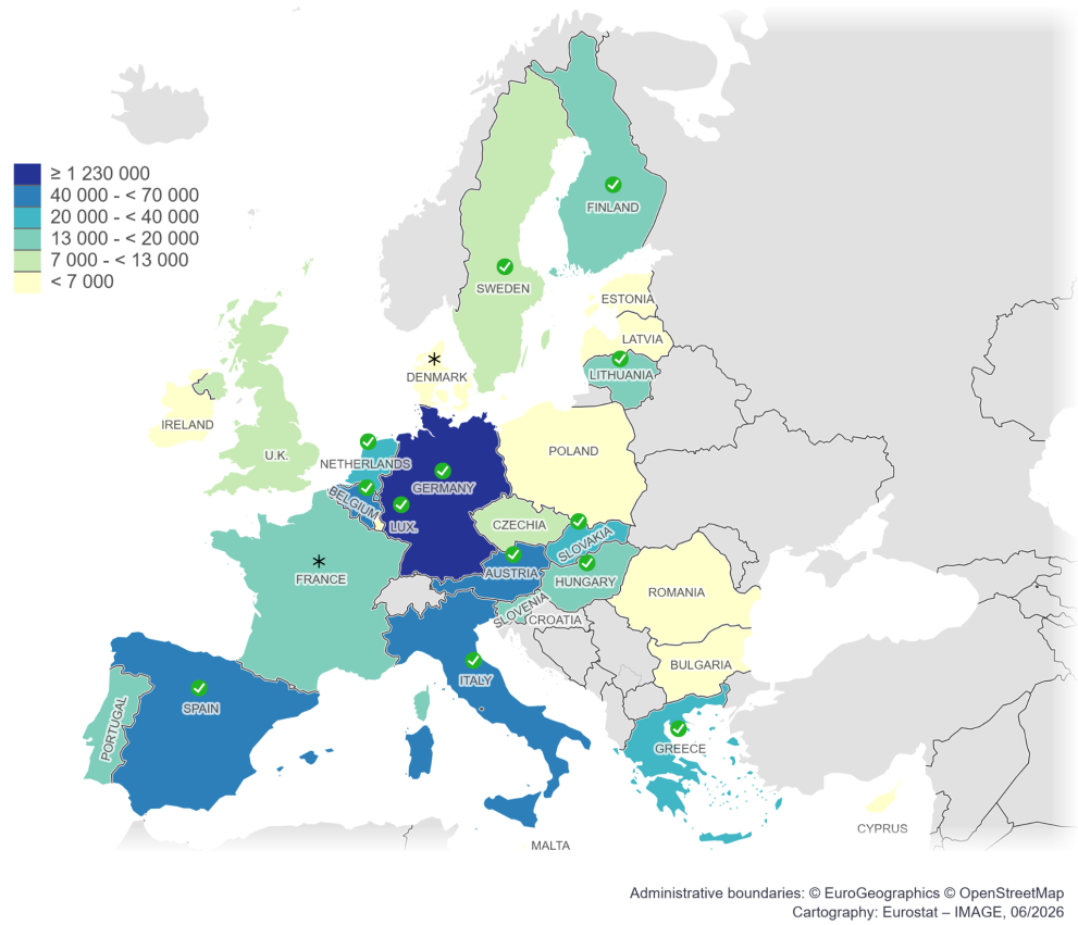 Map of the EU showing the 13 countries where the initiative reached the threshold: Spain, Italy, Greece, Germany, Hungary, Austria, Slovakia, Luxembourg, Belgium, the Netherlands, Lithuania, Finland and Sweden. 