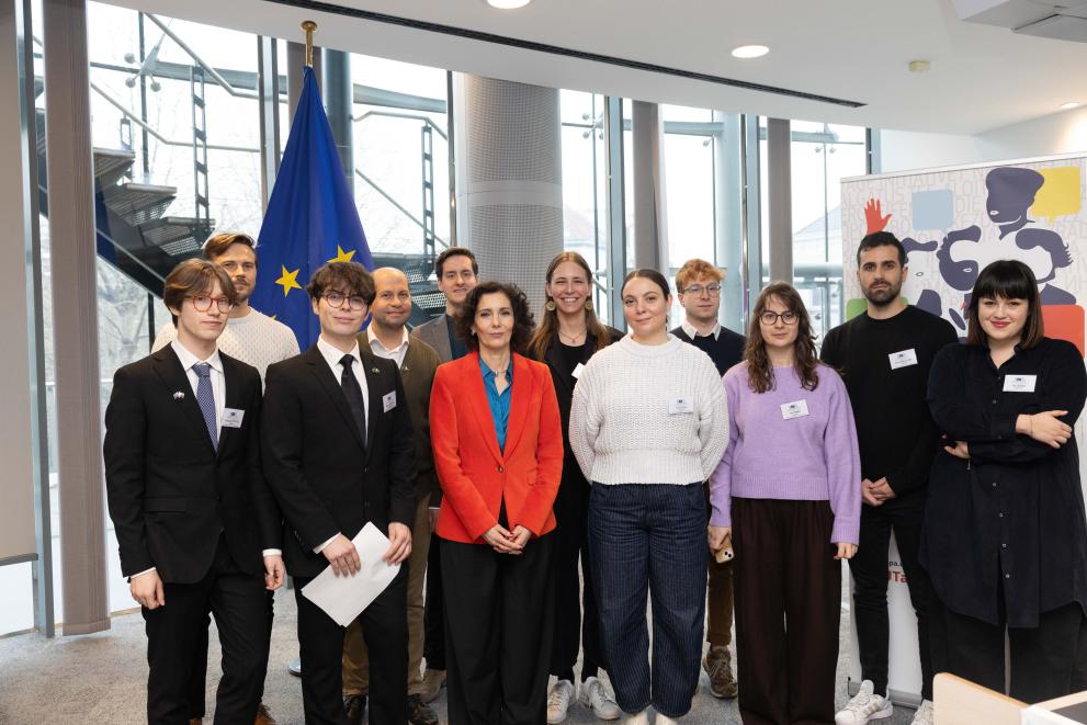 The organisers of the initiative with Commissioner Hadja Lahbib during the meeting at the European Commission.