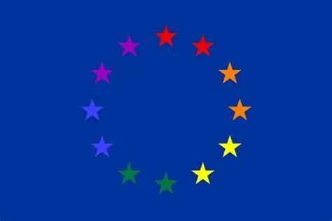 Logo of the ‘Ban on Conversion Practices’ initiative. On a blue background, the 12 starts of the EU Flag are displayed in the different colours of the rainbow.